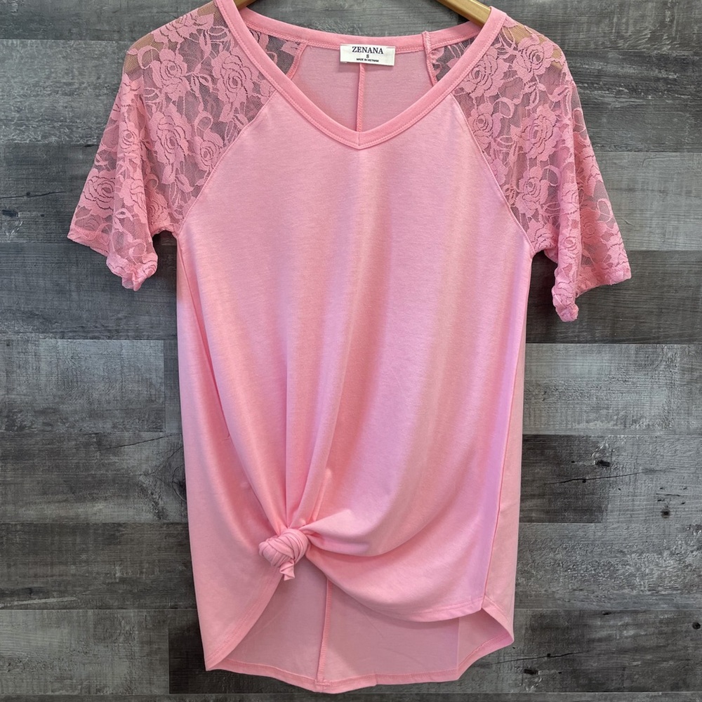 New Carnation Pink Lace Sleeved Tee Shirt V-Neck Top Tied or Untied